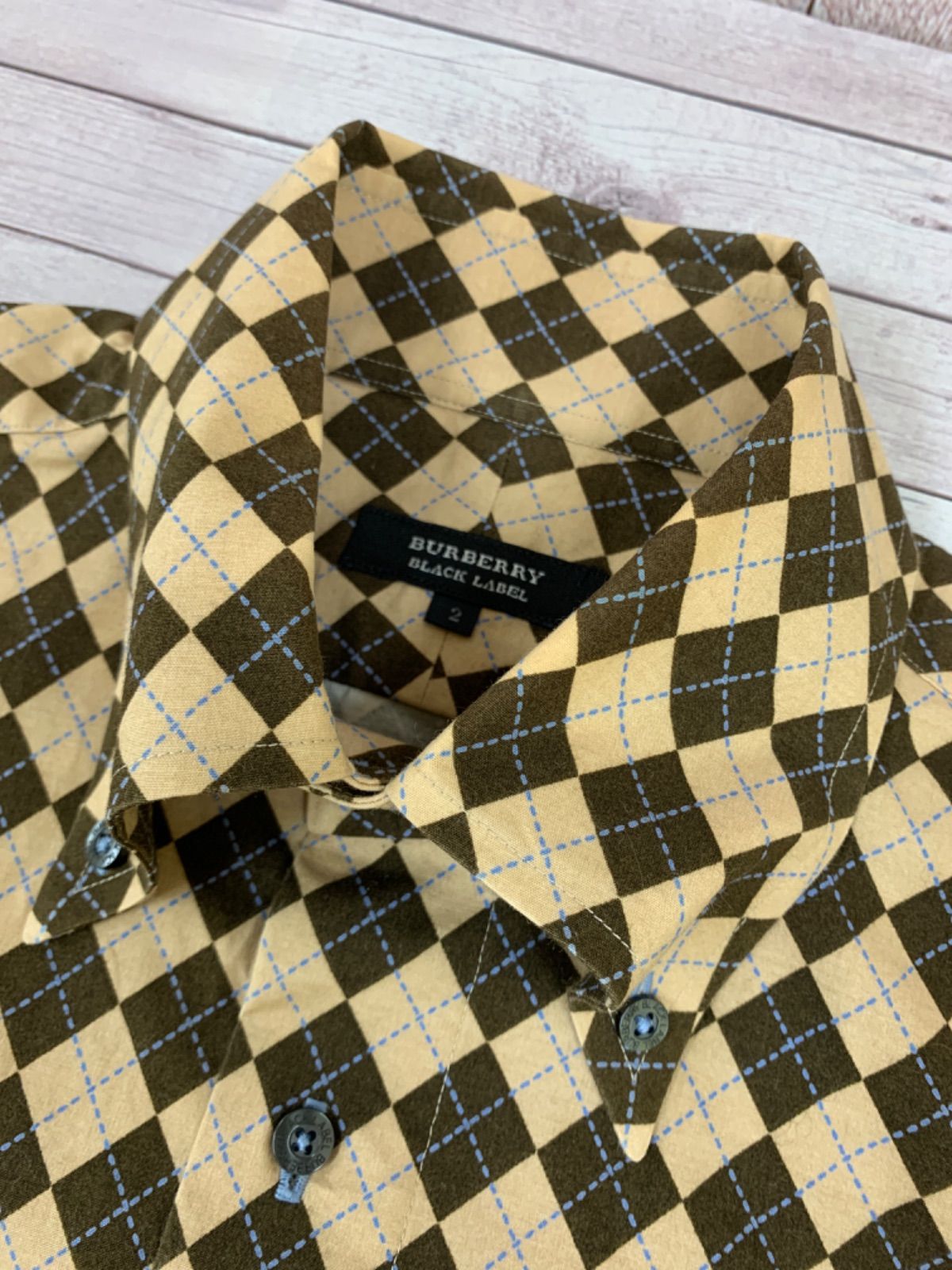 ☆BURBERRY BLACK LABEL　バーバリー ブラックレーベル 長袖シャツ サイズ2 BMW14-504-04 ボタンダウン コットン  ストレッチ 日本製 ダイヤ柄 総柄 ベージュ系 メンズ MR40