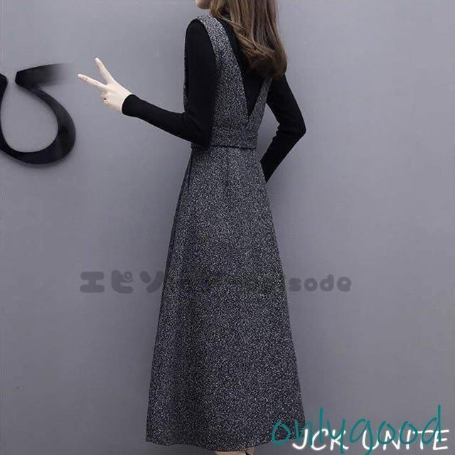 セットアップ レディース 秋 冬 ジャンパースカート Vネック ロング ベルト付き きれいめ リボン ワンピース 2点セット 黒 着痩せ 通勤 OL 30代40代 お洒落 WWW_MORNINGWALKER_COM