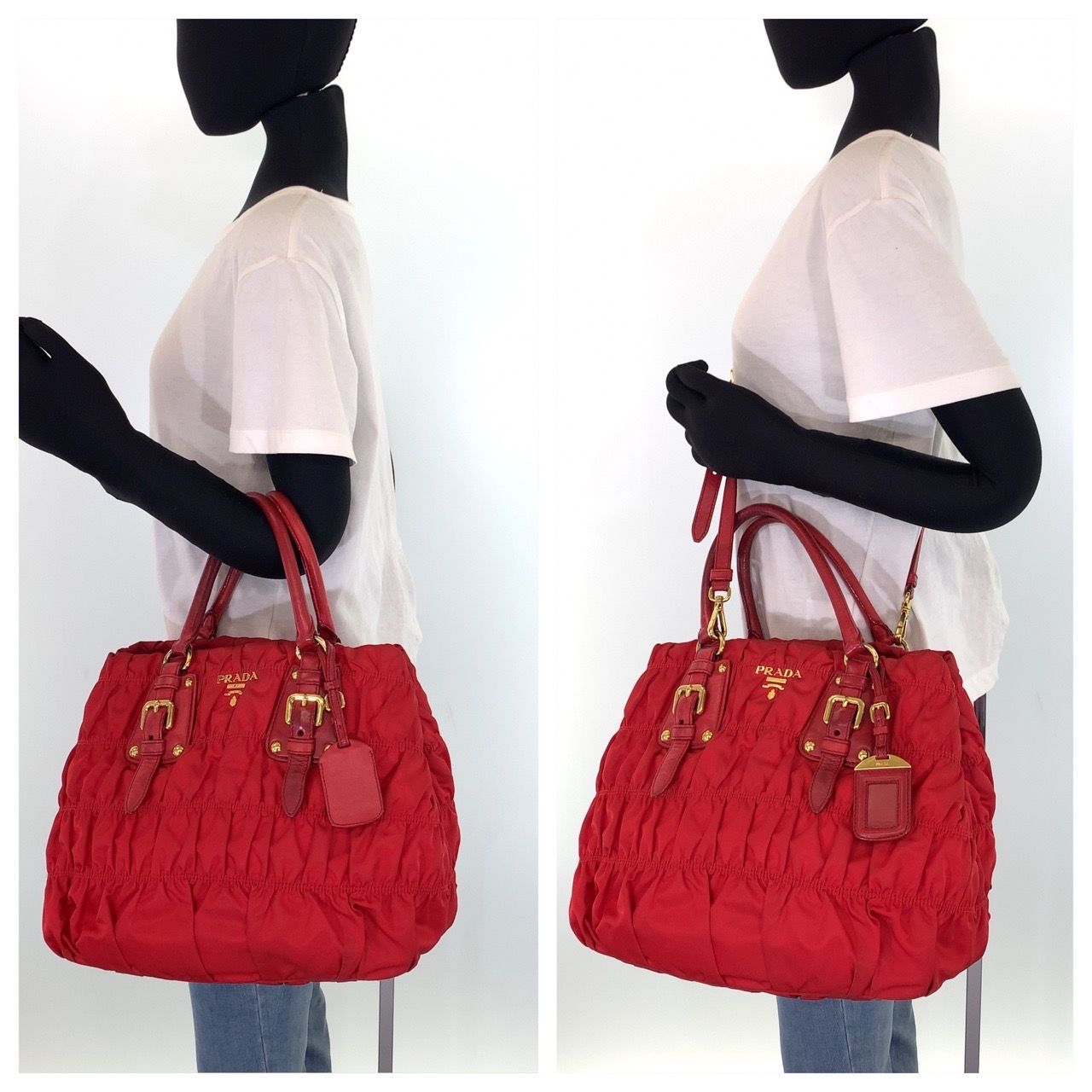 美品 PRADA プラダ テスート ゴーフル ギャザー レッド 赤 ゴールド 