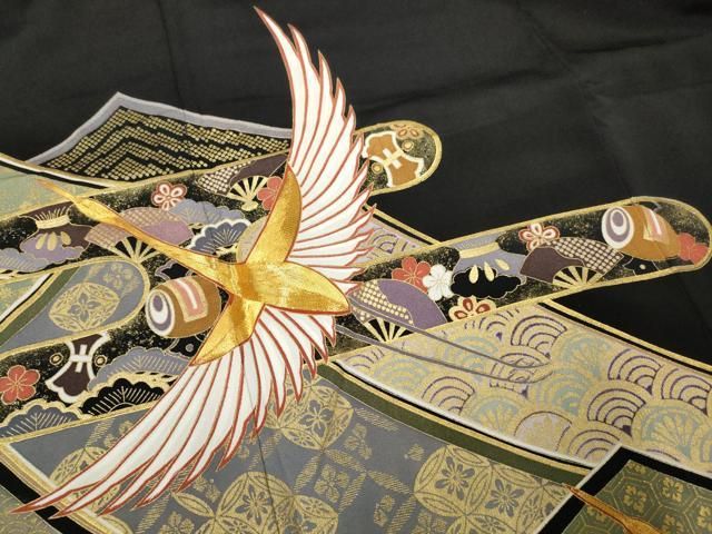 平和屋着物□豪華黒留袖 駒刺繍 飛鶴宝尽くし文 金銀彩 正絹 逸品