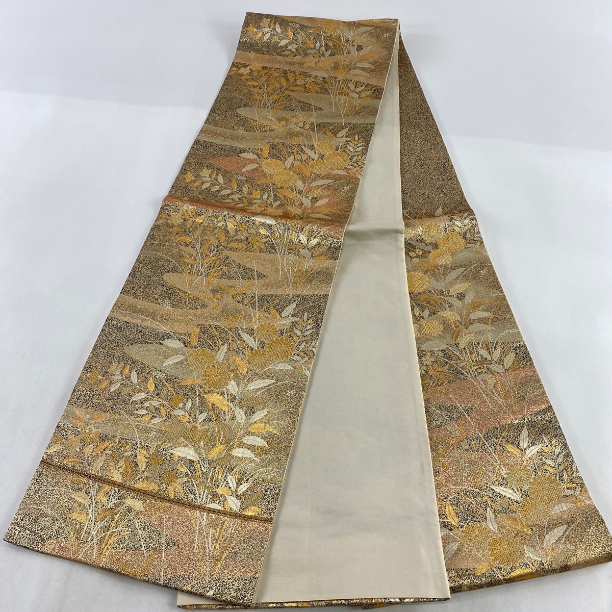 袋帯フルセット(7点)・極美品・ガード加工済・古典柄・深緑色・正絹・トールサイズ 袋帯 美品 秀品 花鳥 菱 金糸 箔 金色 六通 正絹 中古 袋帯 美