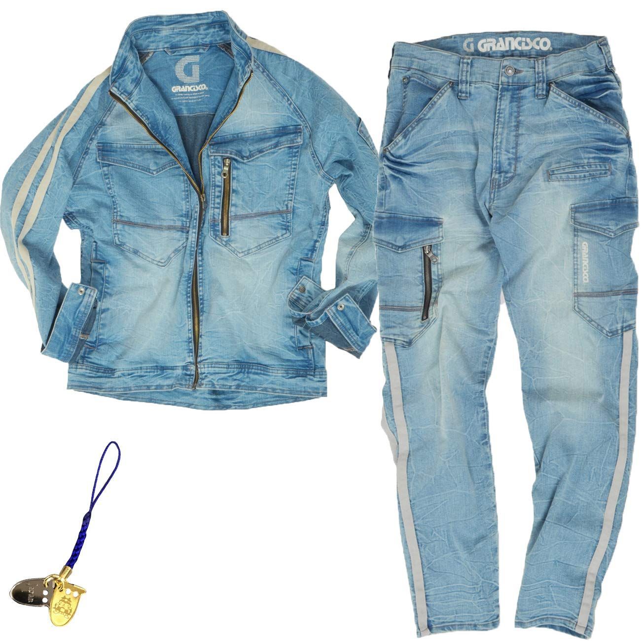 LL_ISアイス 武蔵野ユニフォーム 上下セット 作業服 デニムジャケット ストレッチ スキニーデニム グランシスコ 作業着 タカヤ商事 オールシーズン こはぜストラップ付 028-GCA800-GCA812-ス ISアイス LL