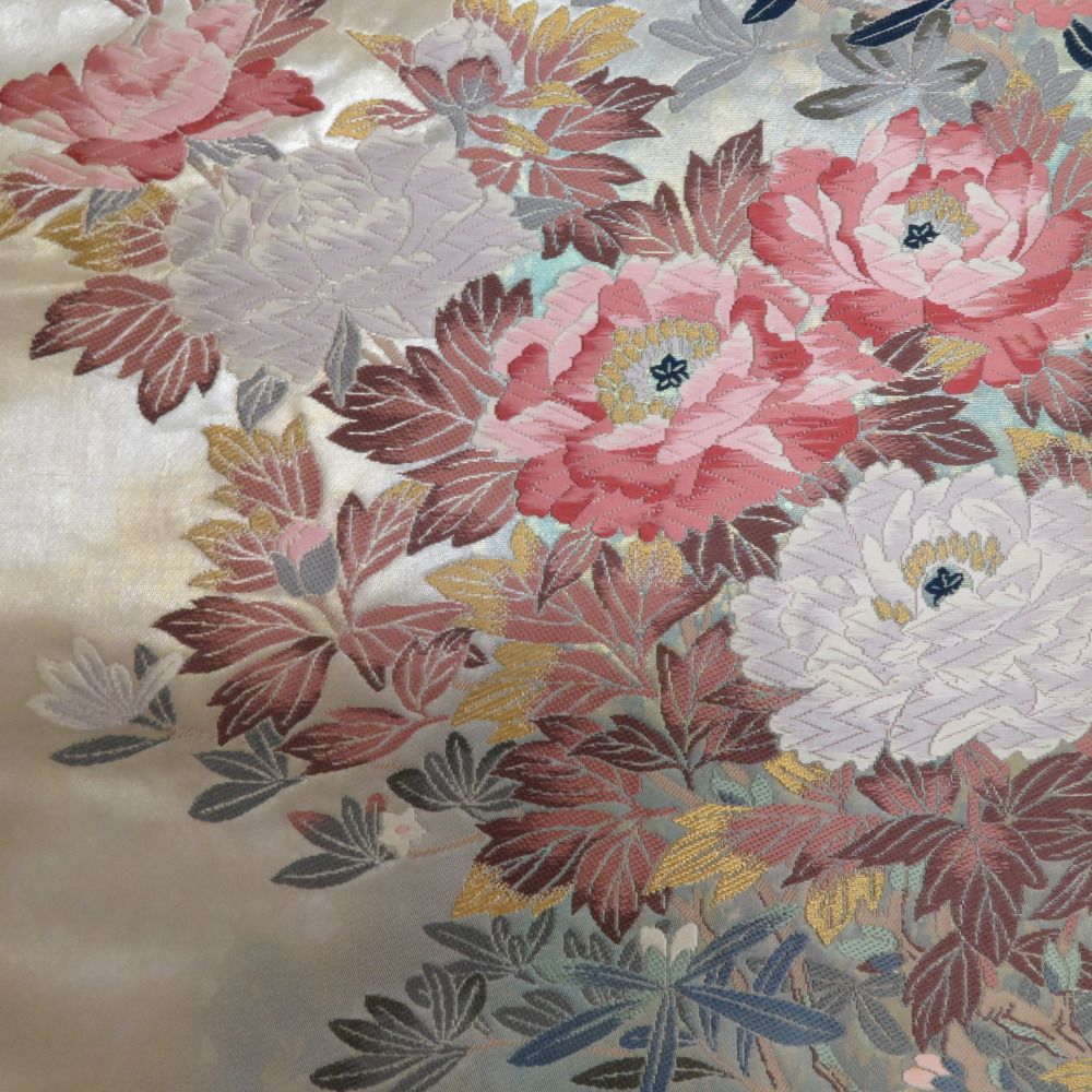 袋帯 正絹 金糸銀糸 パステル系 花々文様 緑色xピンク色 刺繍