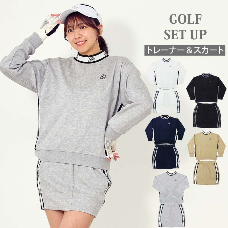ゴルフウェア レディース 上下セットアップ gs GOLF スウェットジャージ モックネックトレーナー スカート リブロゴライン切替 おしゃれ かわいい 韓国系 秋冬 春夏 ブランド 2-ブラック