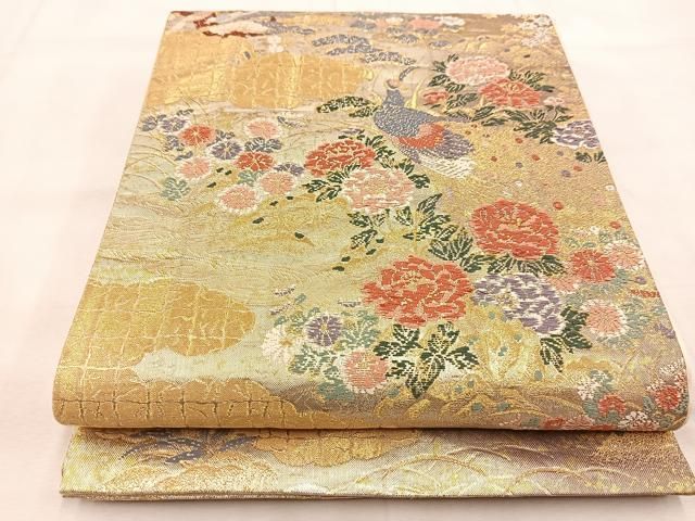 正絹 袋帯 六通柄  孔雀錦 ゴージャス 極上 逸品 平和屋着物◎六通柄袋帯 唐織 錦秀孔雀文 金糸 正絹 逸品