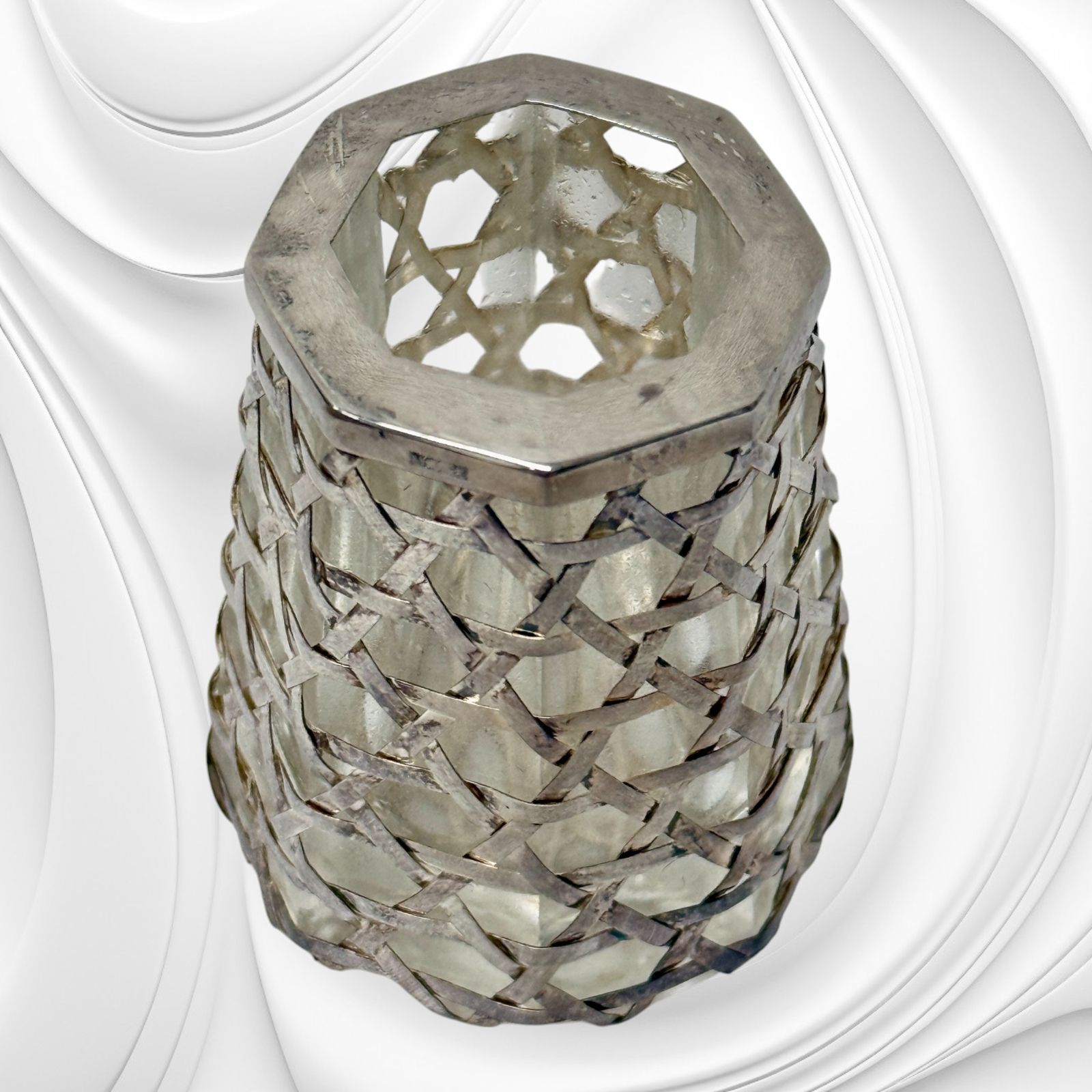 希少品】尚美堂 銀製 爪楊枝入れ 銀被せ 格子 籠目 銀細工 工芸品 昭和