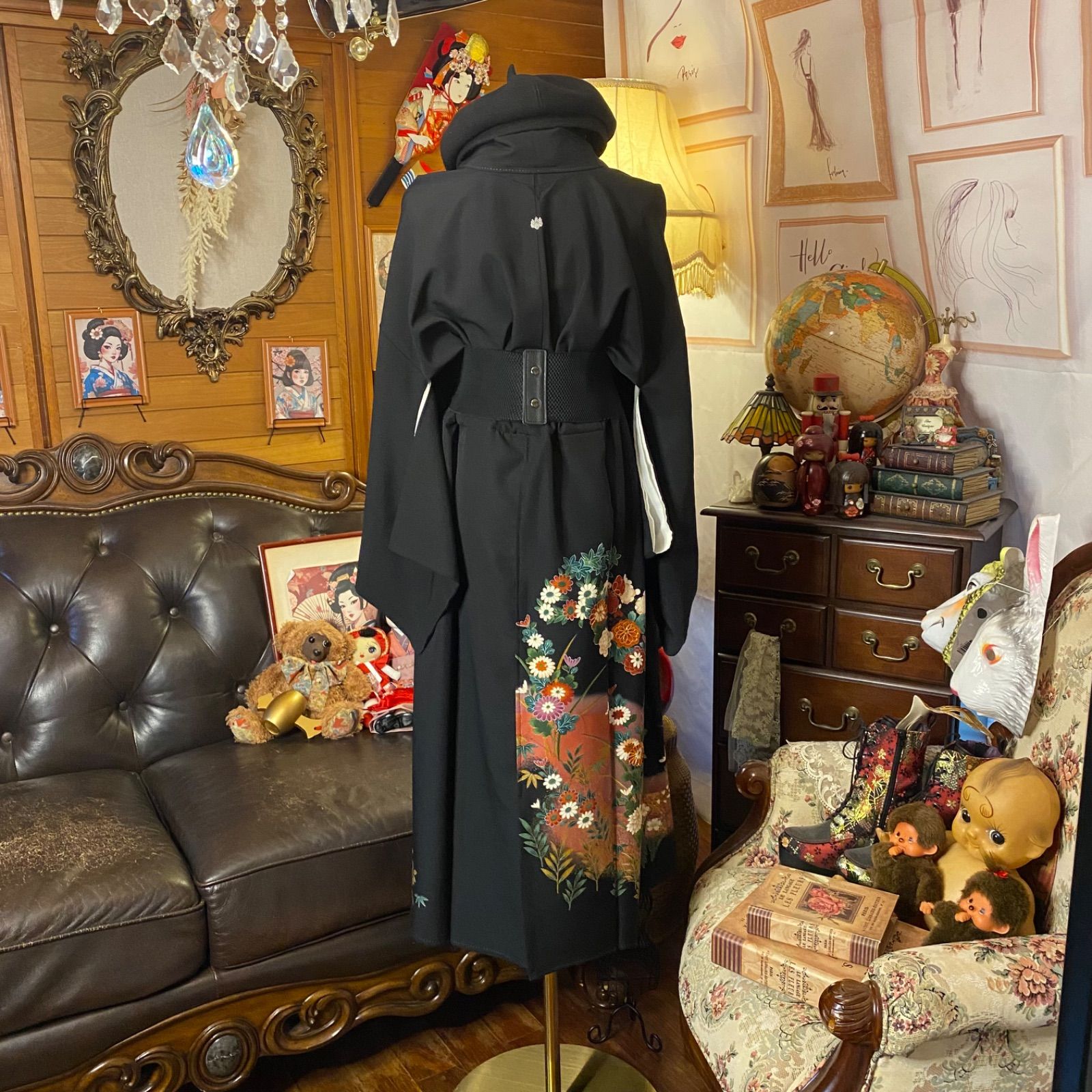 黒留袖 着物 リメイク ワンピース セミロングドレス 和洋折衷 洗える