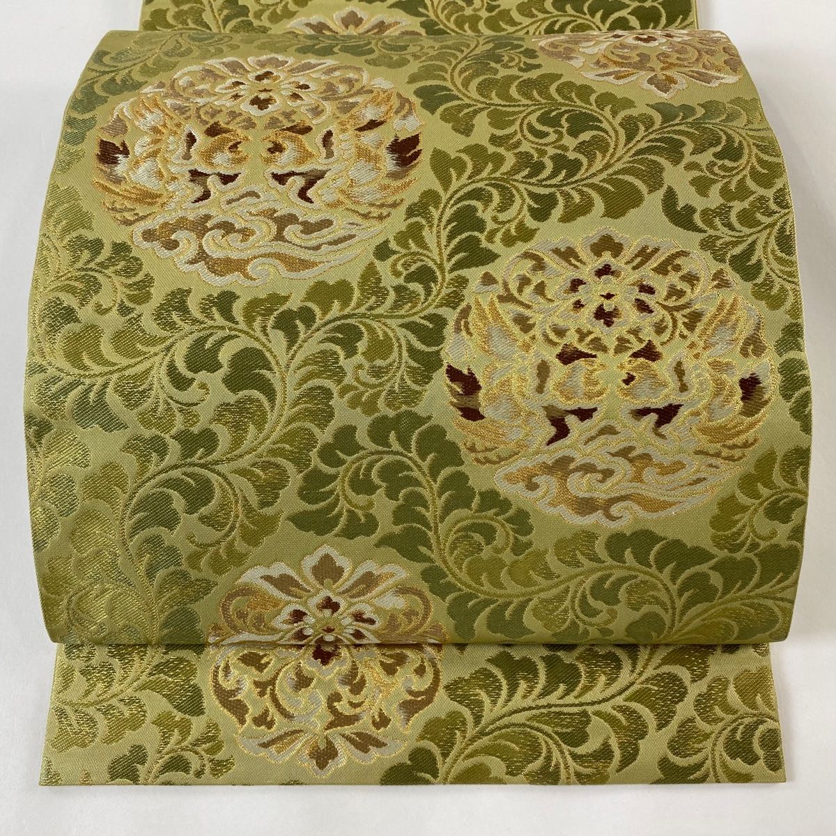 袋帯 逸品 川島織物 落款 向かい鳥 唐草 刺繍 箔 抹茶色 六通