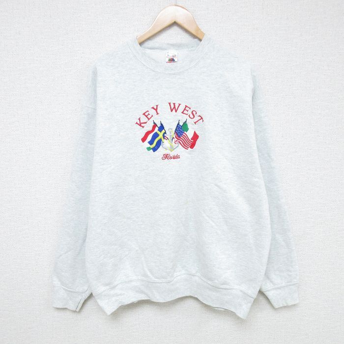 XL/古着 フルーツオブザルーム 長袖 スウェット メンズ 90s 国旗 イカリ 刺繍 クルーネック 薄グレー 霜降り 24dec02 中古 スエット トレー