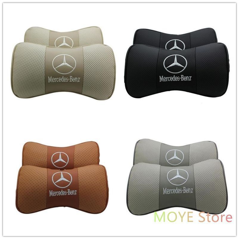 新品 メルセデス・ベンツ Mercedes Benz ロゴ刺繍 本革 レザー 自動車 2個セット ネックパッド 頚椎サポート 首枕 汎用品 4色は選択できます W290 W190 GT43 GT53 GT63 GLA GLK GLE GLC A B C E