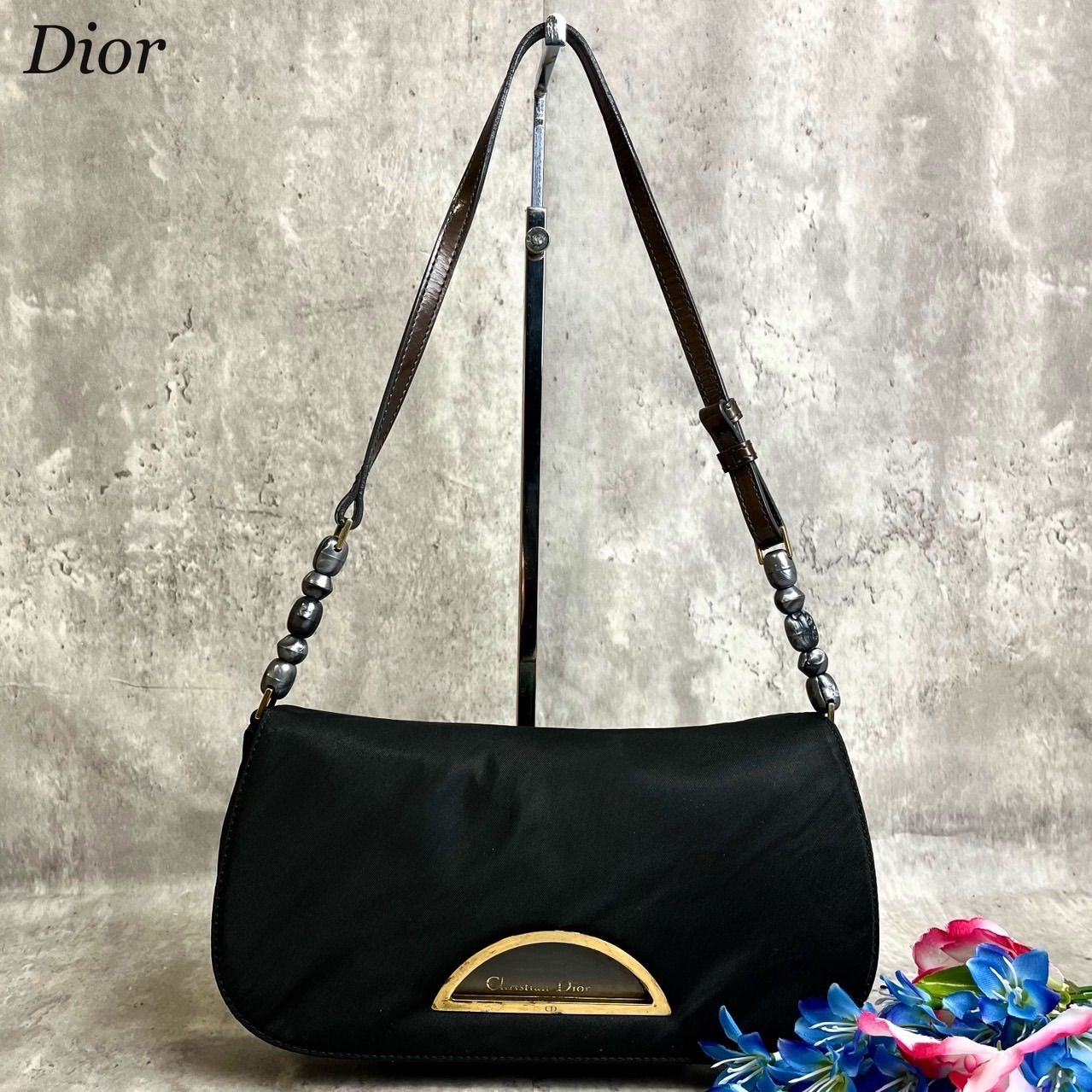 ✨良品✨ Christian Dior クリスチャンディオール アクセサリーポーチ ショルダーバッグ マリスパール ロゴ型押し ゴールド金具 総柄  ロゴ型押し ナイロン レザー 肩掛け レディース ブラック 黒色