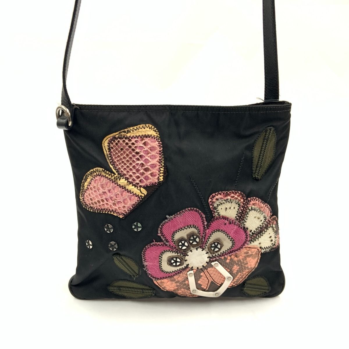 〇〇PRADA プラダ フラワー 刺繍 ナイロン 斜め掛け ショルダーバッグ ブラック