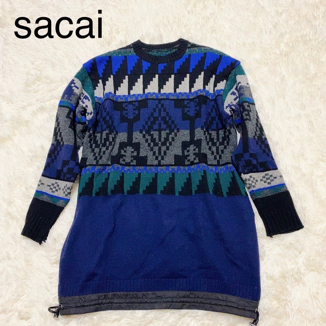 sacai サカイ ドッキング ニット セーター 総柄 ネイティブ柄 ウール ナイロン レディース - メルカリ