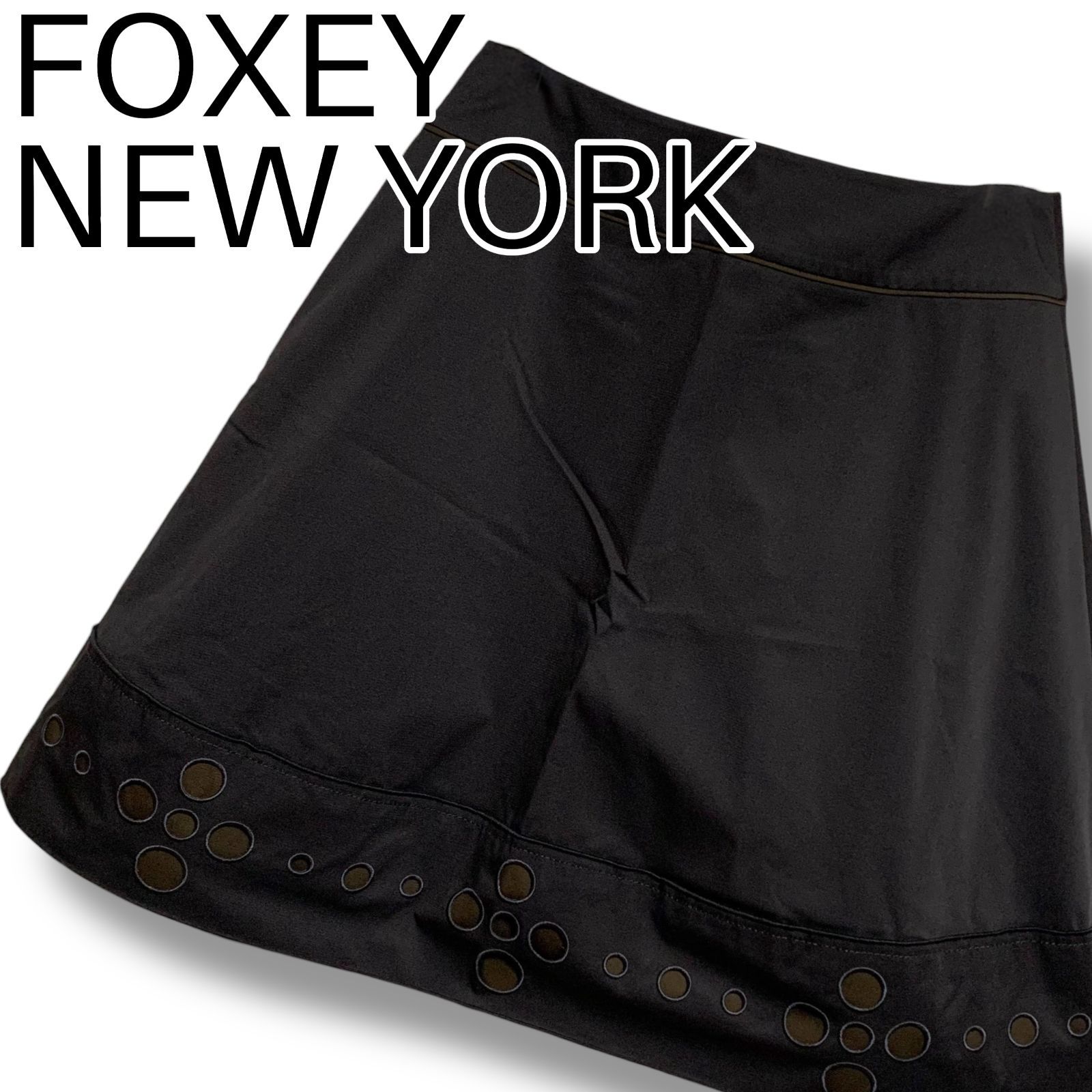 FOXEY YORK フォクシーニューヨーク ブラック フ スカート ハトメ装飾 ポリエステル 38 M レディース エレガント デザイン 29148- 001133 H