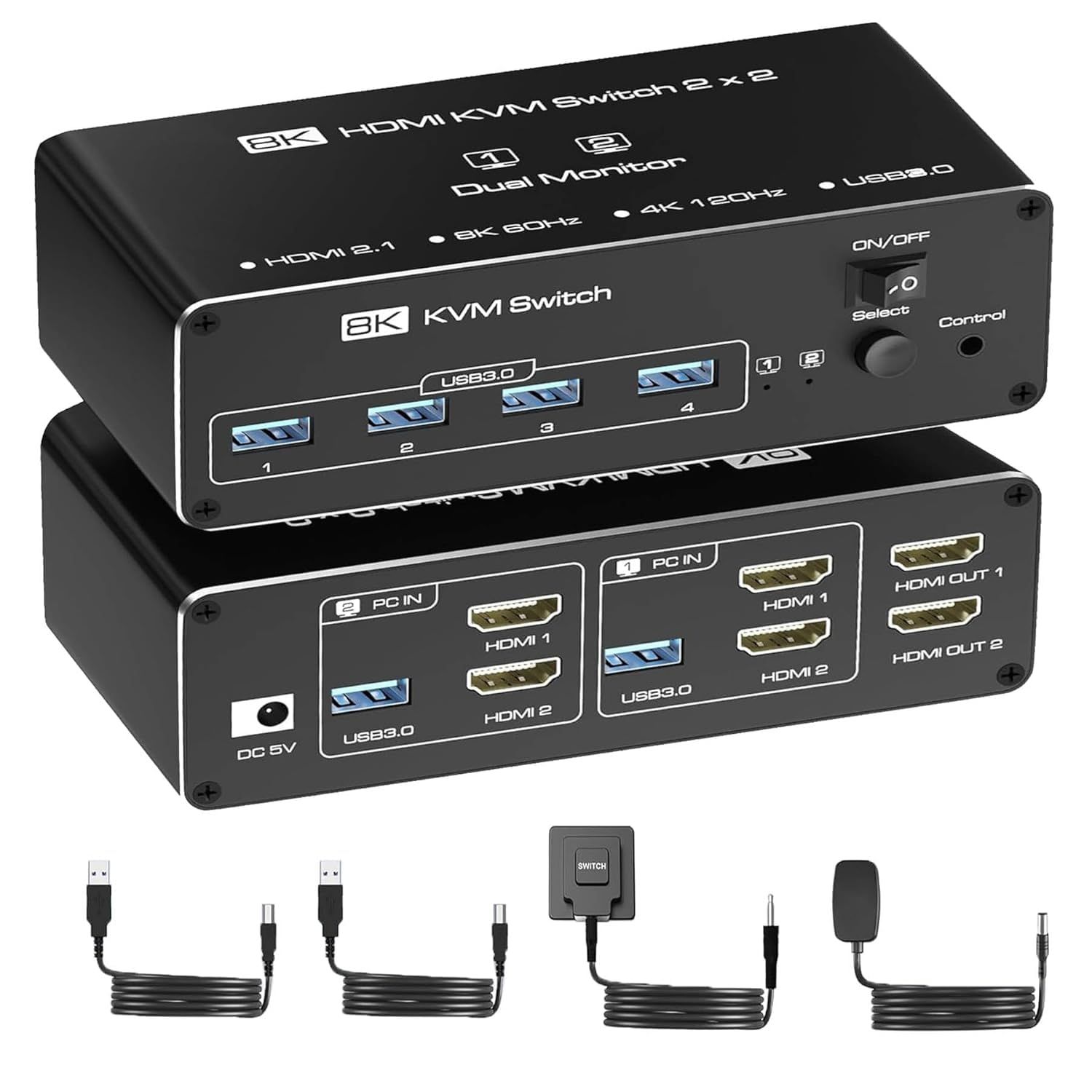 KVM デュアルモニター HDMI 切替器 2PC 切替 2モニター 同時出力 USB3.0 出力口付き 8K 60Hz 4K 144Hz対応 8K HDMI2.1 KVM スイッチャー キーボード マウス プリンター USB3.0 2入力4出力 切替