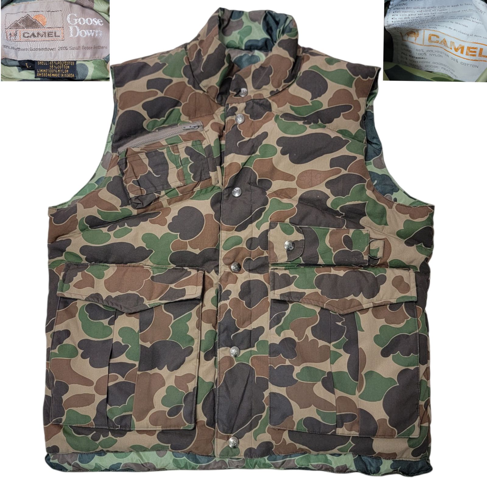 ! 80S ヴィンテージ VINTAGE キャメル CAMEL ダックハンターカモ リバーシブル L グースダウンベスト