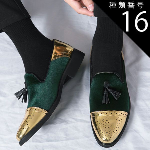 種類16：レッド/27.0cm ビジネスシューズ メンズ 異素材 ベロア生地 お仕事 パーティー タッセル ゴールド 艶 ブラック レッド グリーン 4.3up