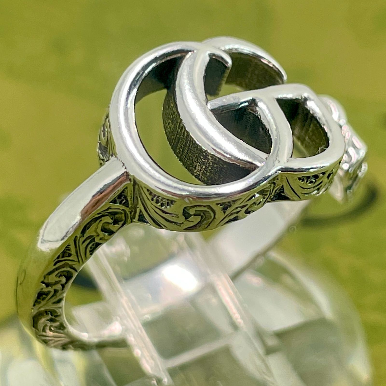 GUCCI ダブルGリング Double G Ring With Engraved Torchon Trim In 925 Sterling