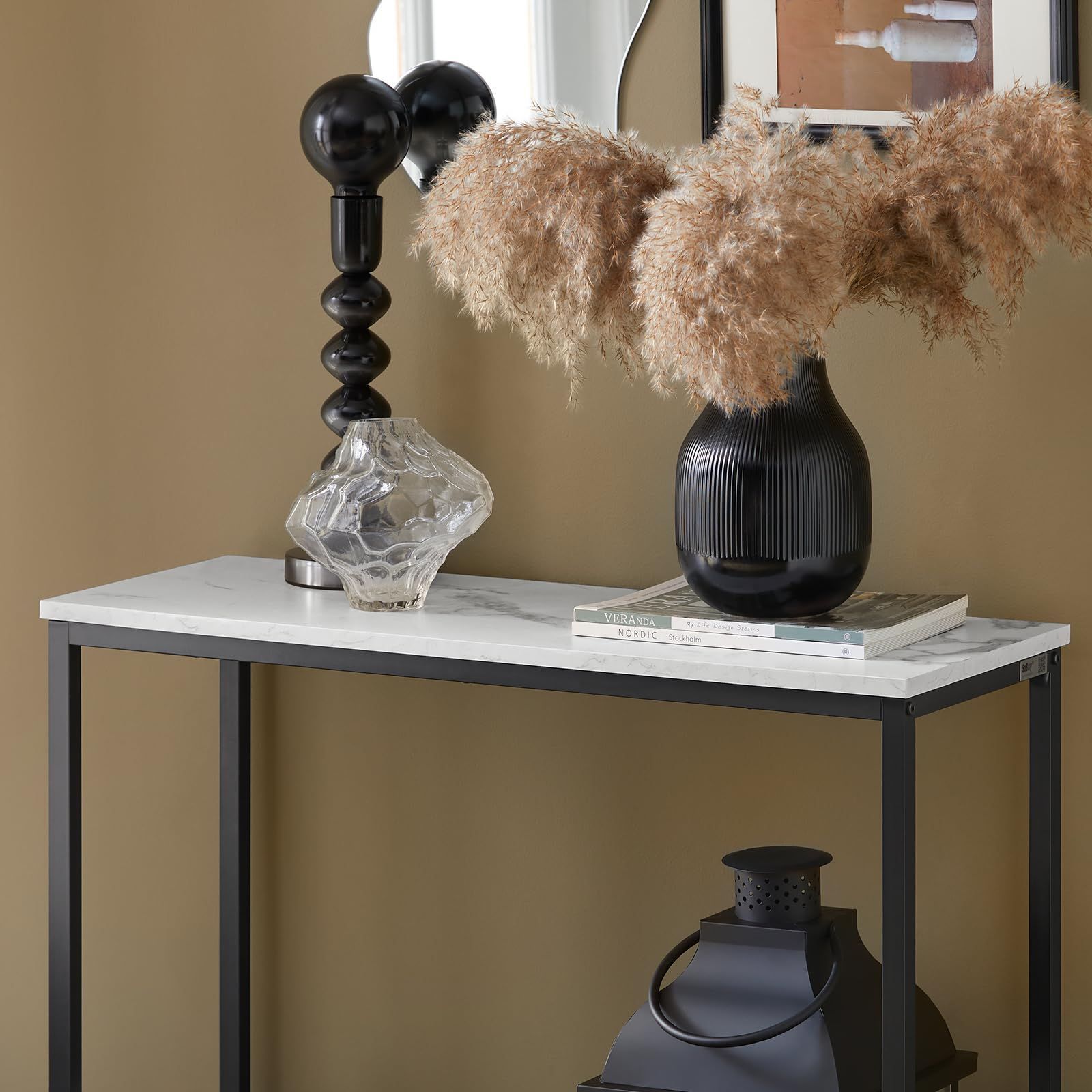 SoBuy コンソールテーブル 大理石調 玄関テーブル カウンターテーブル スリム 幅80×奥行き30×高さ75cm サイドテー モダンな大理石コンソールテーブル、金属製の脚付き、ブラックの細身の