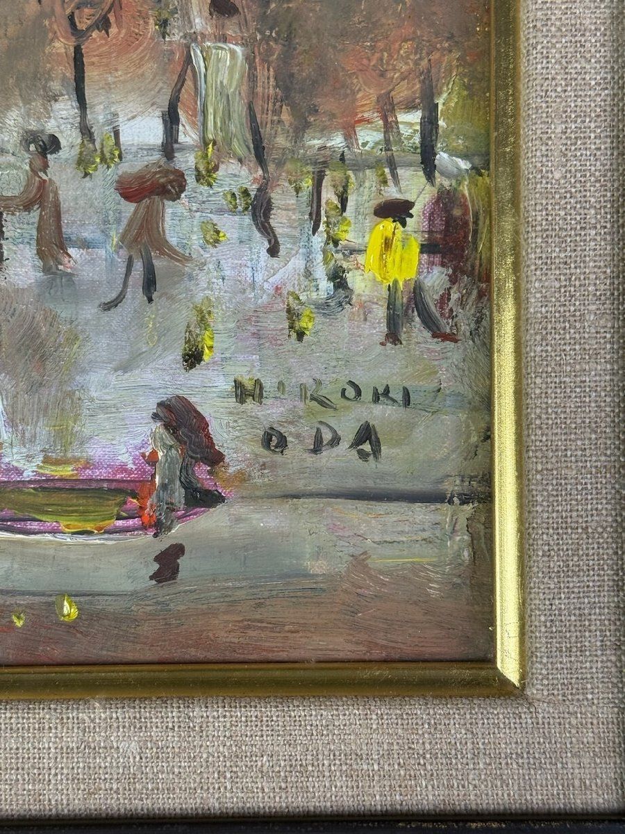 2809 織田広喜 レストランのある風景 額装 SM 油絵 美術品 絵画/M4 F2809 織田広喜 レストランのある風景 額装 SM 油絵 美術品 絵画