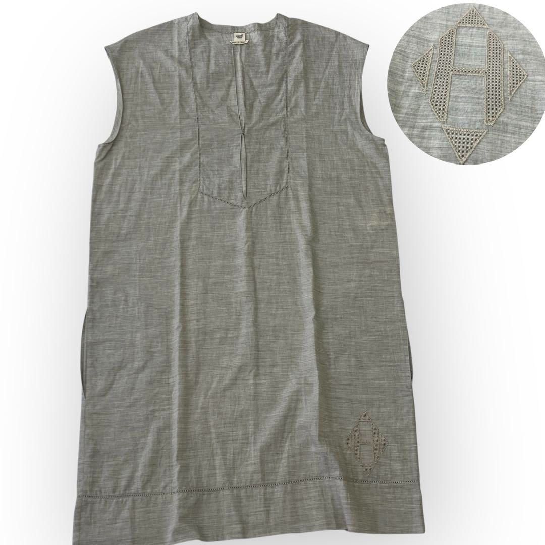 エルメス ノースリーブ チュニック ワンピース Hロゴ ドレス ロング M〜L