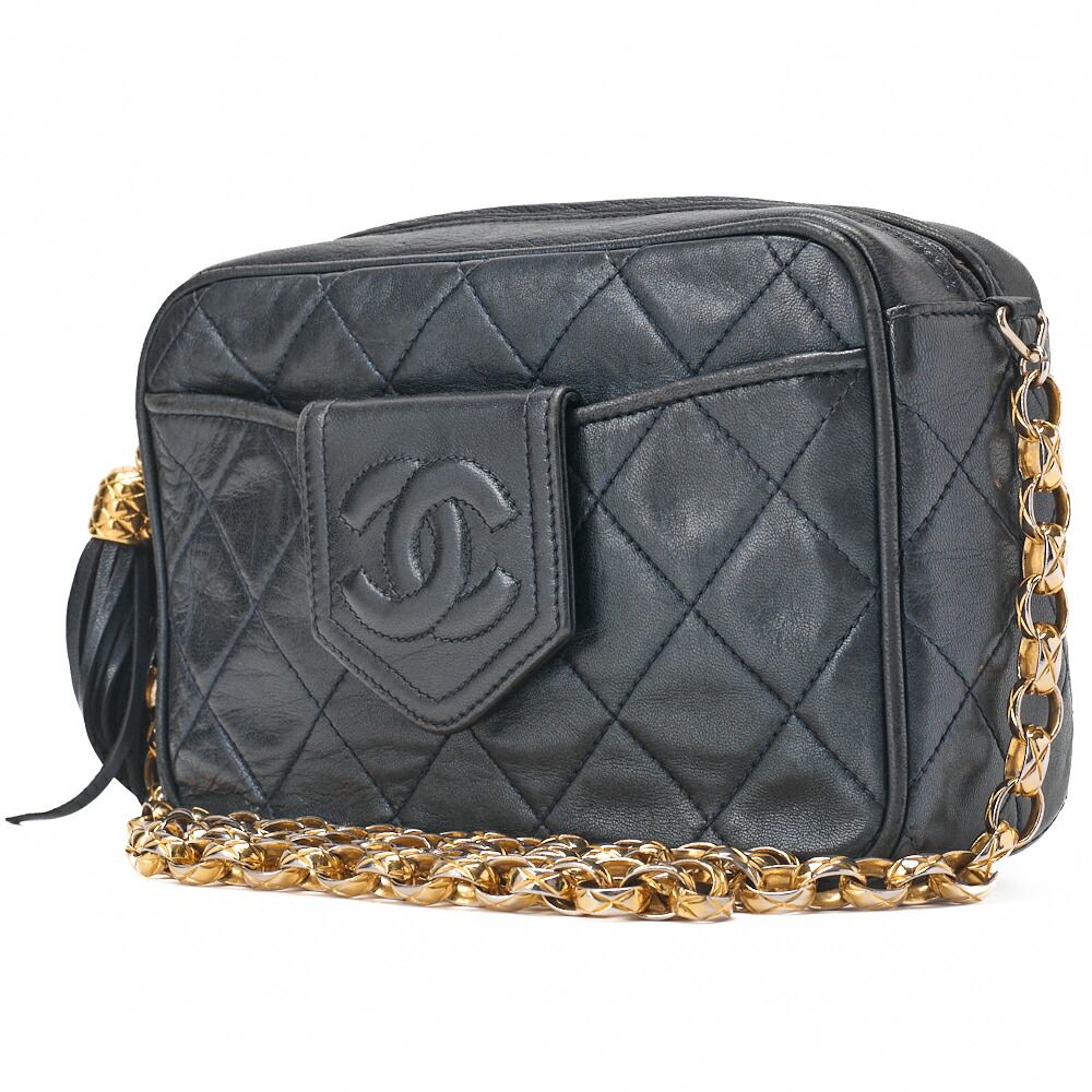 CHANEL シャネル マトラッセ ココマーク フリンジ付き ビジューチェーンショルダー ラムスキンネイビー ゴールド金具 レディースバッグ ハイブランド