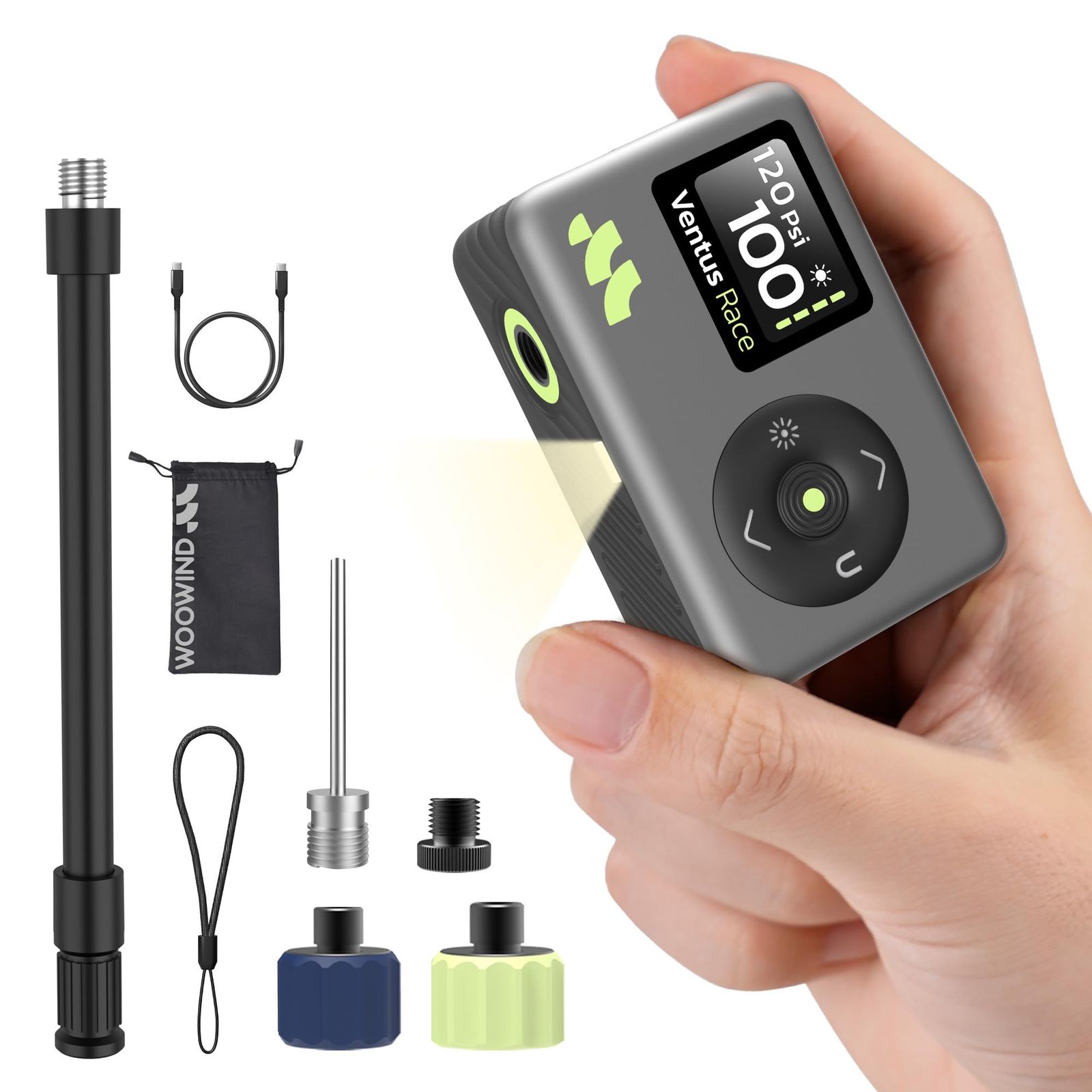Woowind 自転車 空気入れ 電動 120PSI オートバイ マウンテンバイク ロードバイク用 超小型 携帯 電動空気入れ 自動停止 米式|英式|仏式対応 LEDライト付き 日本語説明書 Ventus Race