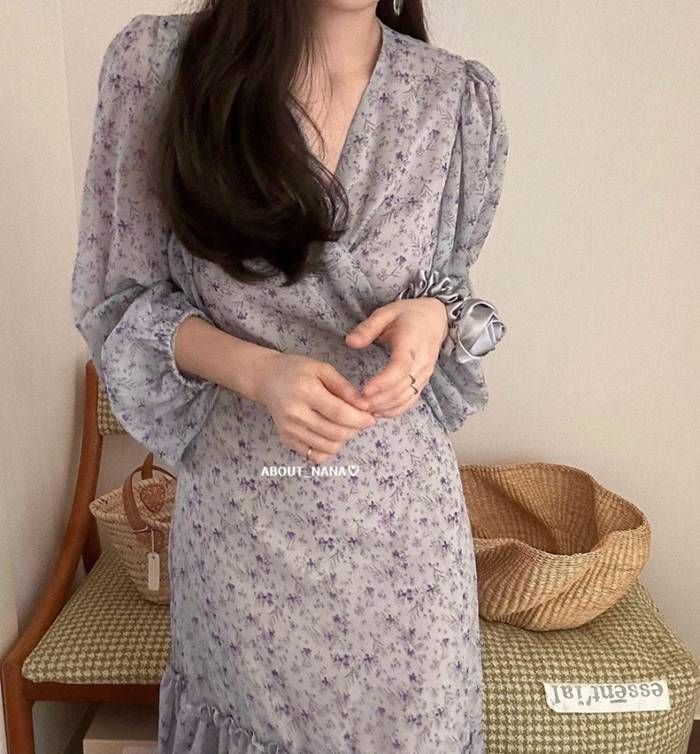 ワンピース 春 夏 レディース 花柄 長袖 Vネック ボリューム袖