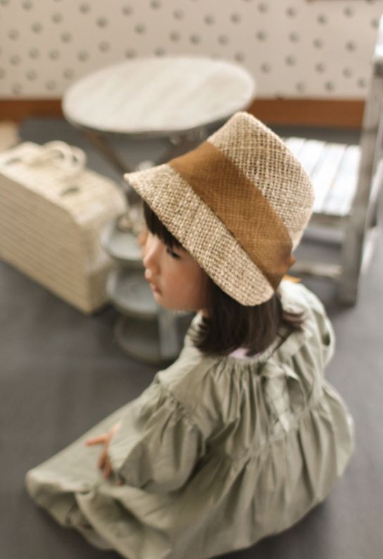 麦わら帽子 キッズ キャメル りぼん 48 cm 52 ハンドメイド 夏 帽子 ハット おしゃれ kubomi くぼみ