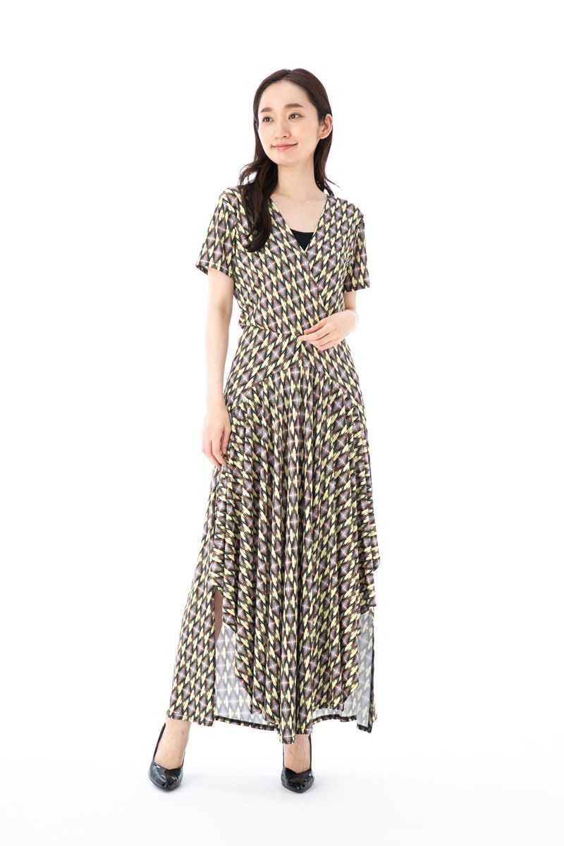 フィフィーユ FIFILLES ワンピース T1 T2 T3サイズ 半袖 ロング丈 総柄 ジャージー Vネック 大人ワンピース レディース 上品