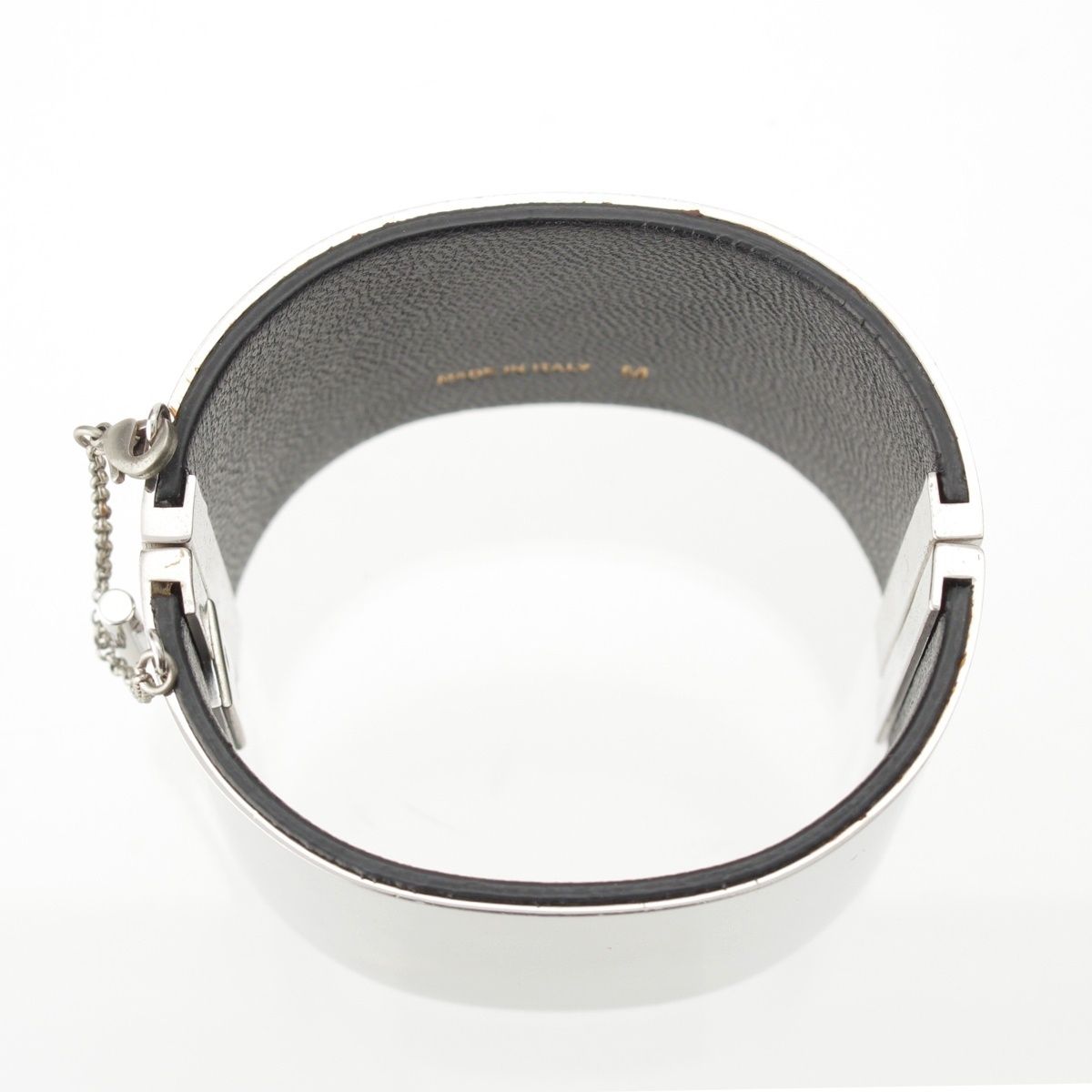セリーヌ マンシェット レザー ワイド ブレスレット シルバー M【中古