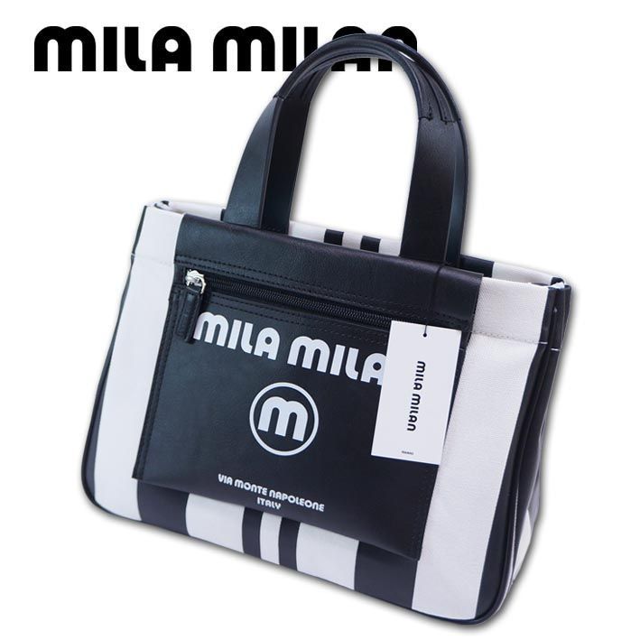 ミラミラン mila milan ドライビングトートバッグ ミーチョ レディース ブラック×ホワイト 定価16,500円 ハンドバッグ キャンバス地  ミラショーン mila schon