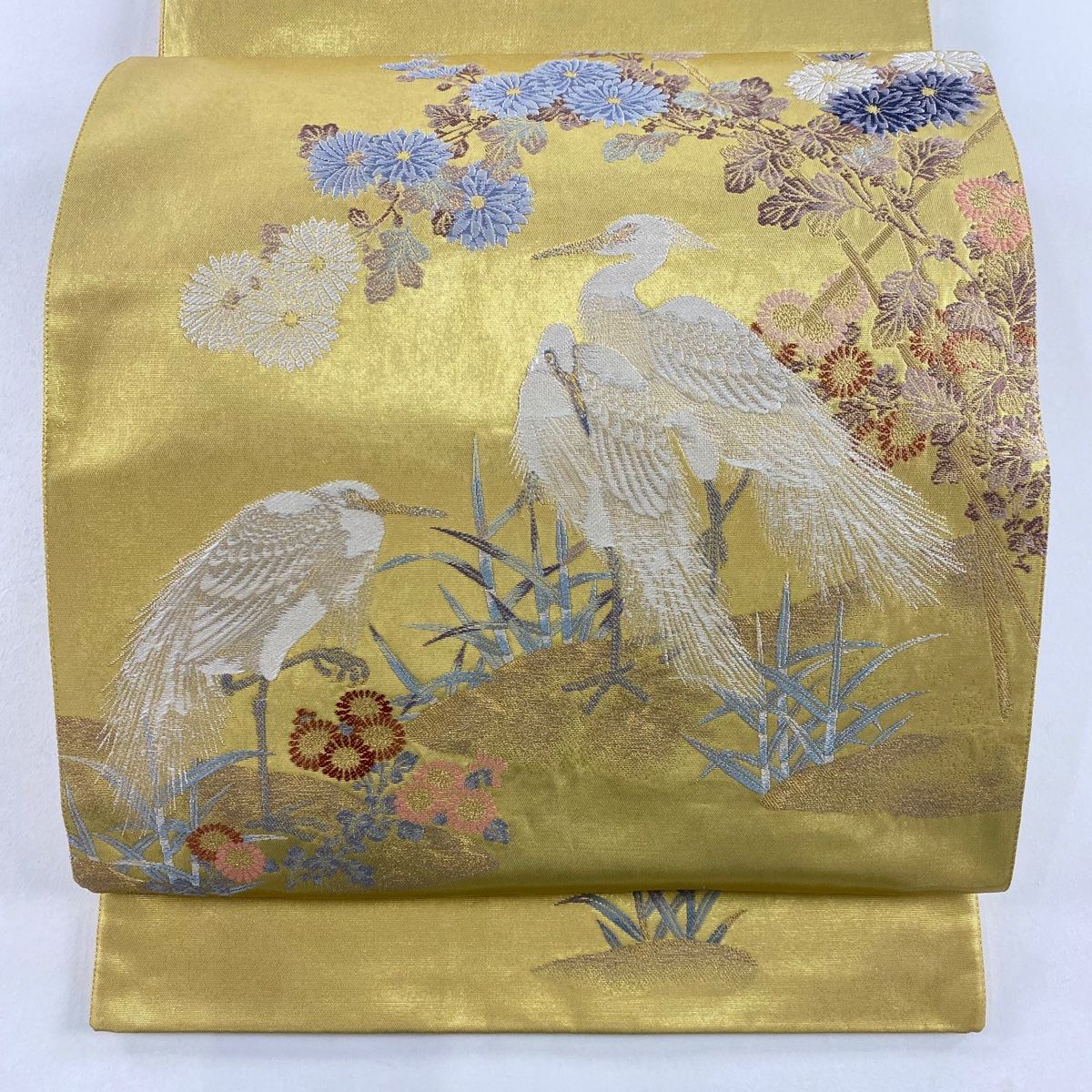 袋帯 秀品 落款 菊 鶴 箔 金色 お太鼓柄 正絹 【中古】 - メルカリ