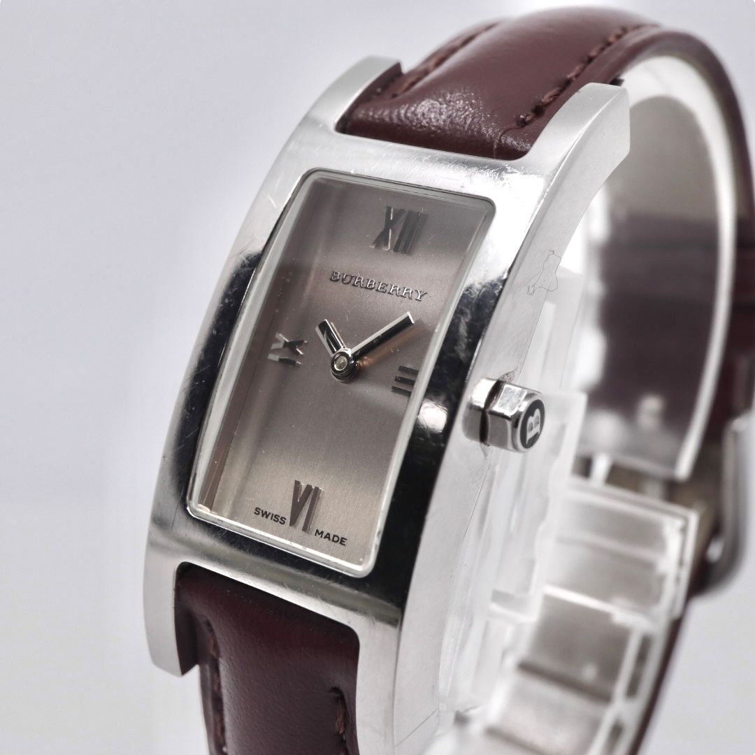 電池交換済 ベルト 社外品 バーバリー BURBERRY BU1015 レディース腕時計 クオーツ アナログ レクタンギュラー スクエア シルバー ブラウン文字盤 ボルドーレザー クラシック エレガント スイス製 クリーニング済 G2