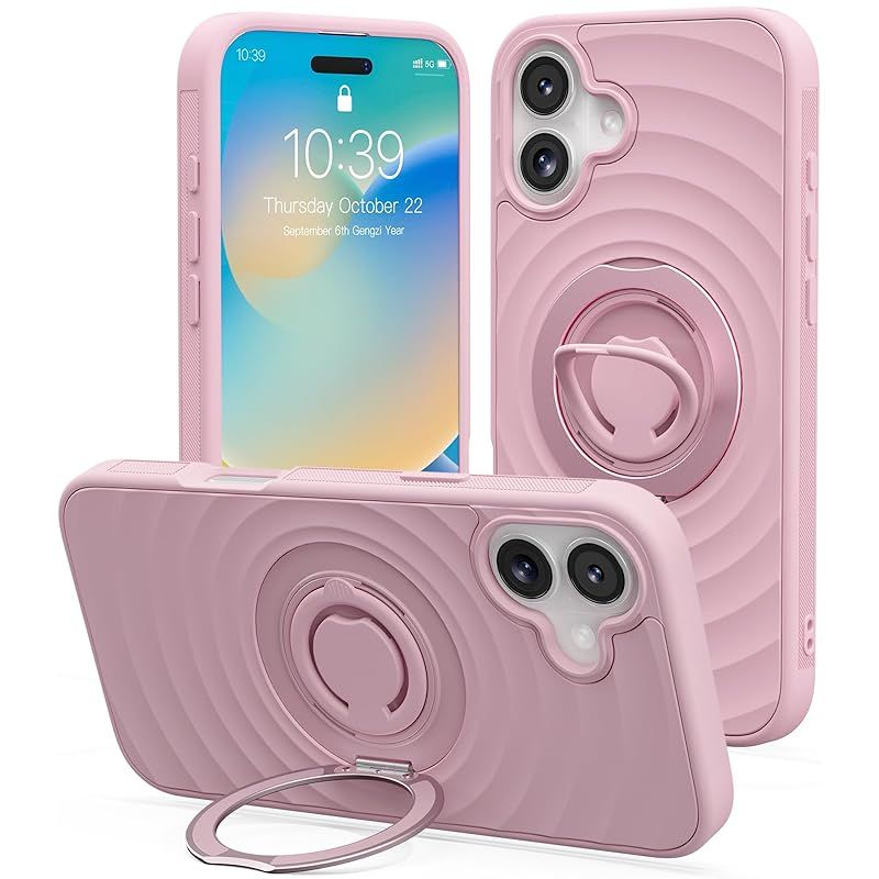 iPhone 16 ケース 波模様【360回転スタンド・MagSafe対応】アイフォン16 カバー スマホケース 米軍MIL規格 耐衝撃 全面保護 マット仕上げ 2024年新型 いphone16 用ケース【シリコンリング付き】ピンク
