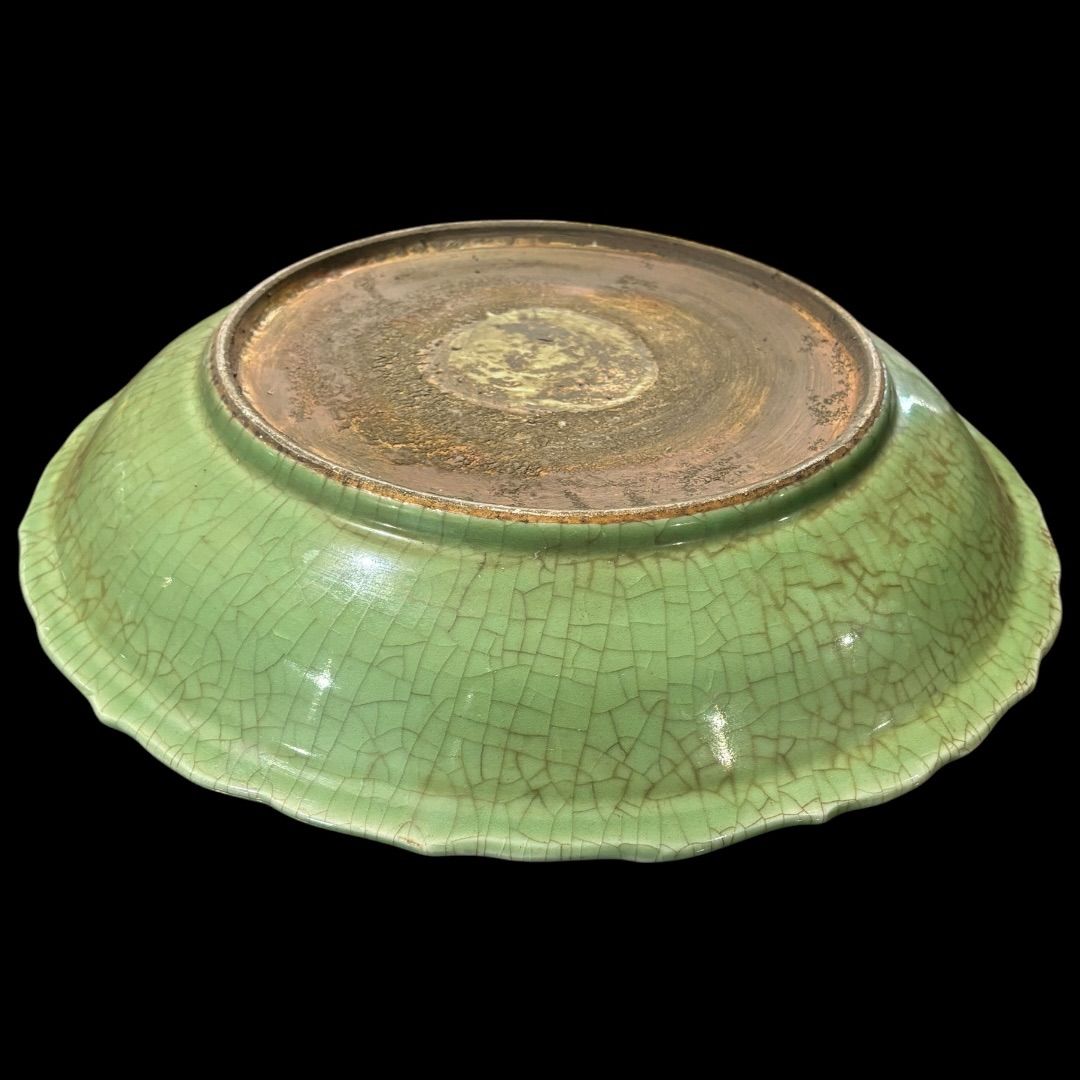 中国美術 中国買付品 鯉2匹 緑釉 昇り鯉 大皿 飾り皿 中国美術 中国買付品 鯉2匹 緑釉 昇り鯉 大皿 飾り皿