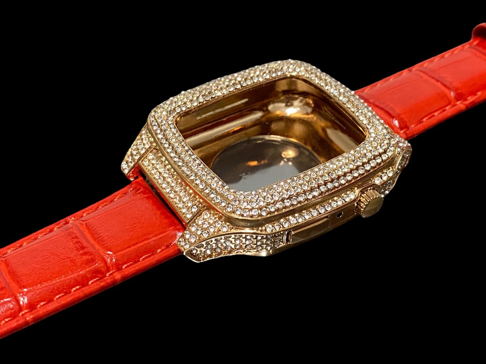 ローズ　レッド　applewatchバンド　ステンレス　カバー　キラキラ　ラバーベルト　アップルウォッチケース　44mm45mm  メンズレディース