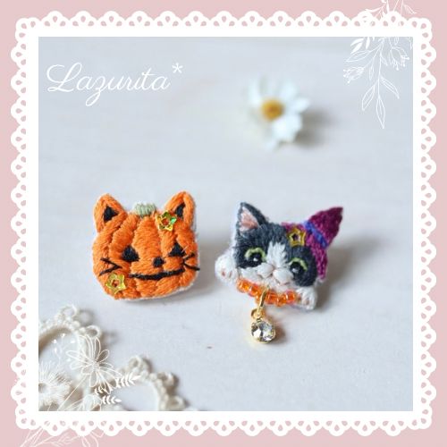 猫刺繍 2コセット♪ ハロウィンちっちゃな猫顔ブローチ ハチワレ