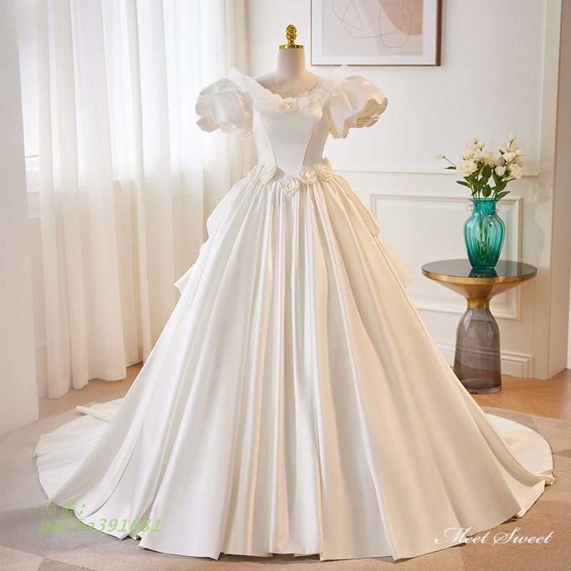 ウェディングドレス ロングドレス プリンセスドレス プロムドレス Aラインドレス 半袖 二次会 結婚式 ウエディングドレス ブライダル 花嫁 サテン 前撮り pai5a391681