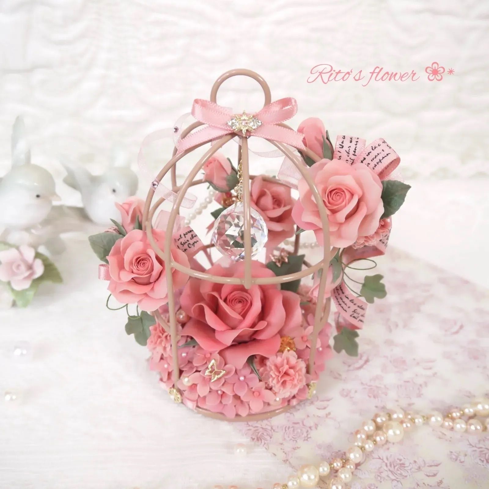 人気 クレイフラワー ローズガーデン鳥かごアレンジ フラワー