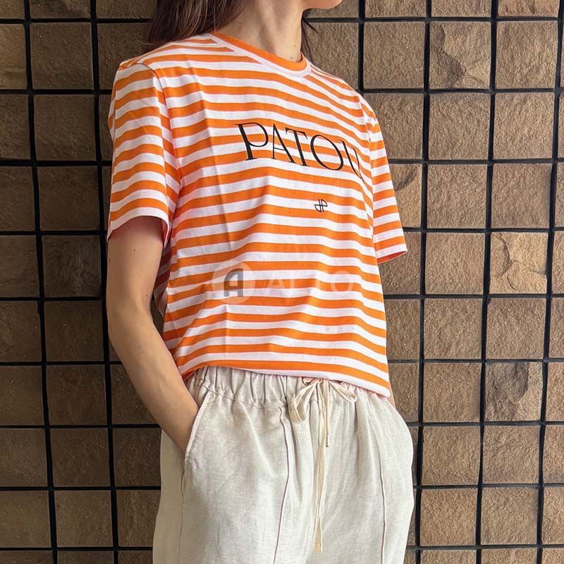 ☆2024春夏入荷☆ PATOU パトゥ JE0329999 オーガニックコットン ボーダー PATOU ロゴ入り Tシャツ カットソー ライトオレンジ×ホワイト