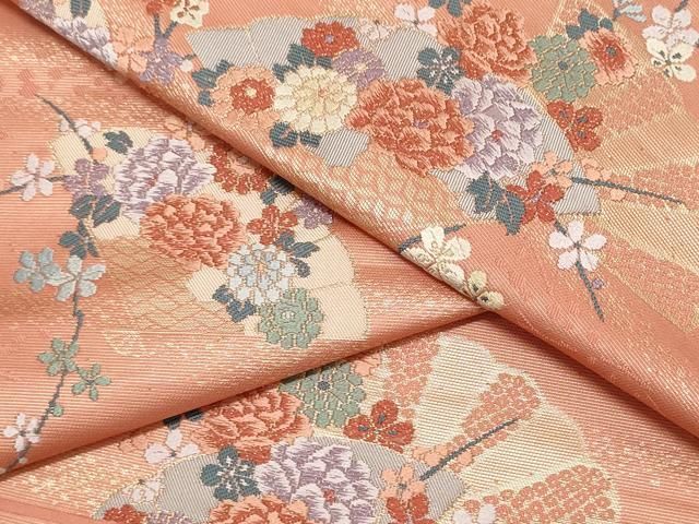 名古屋帯 西陣 木原織物 証紙付 格子柄に抽象花模様 紅消鼠色 O-5028 西陣織木原織物謹製 九寸名古屋帯「横段に蔦と唐花」 | 販売着物