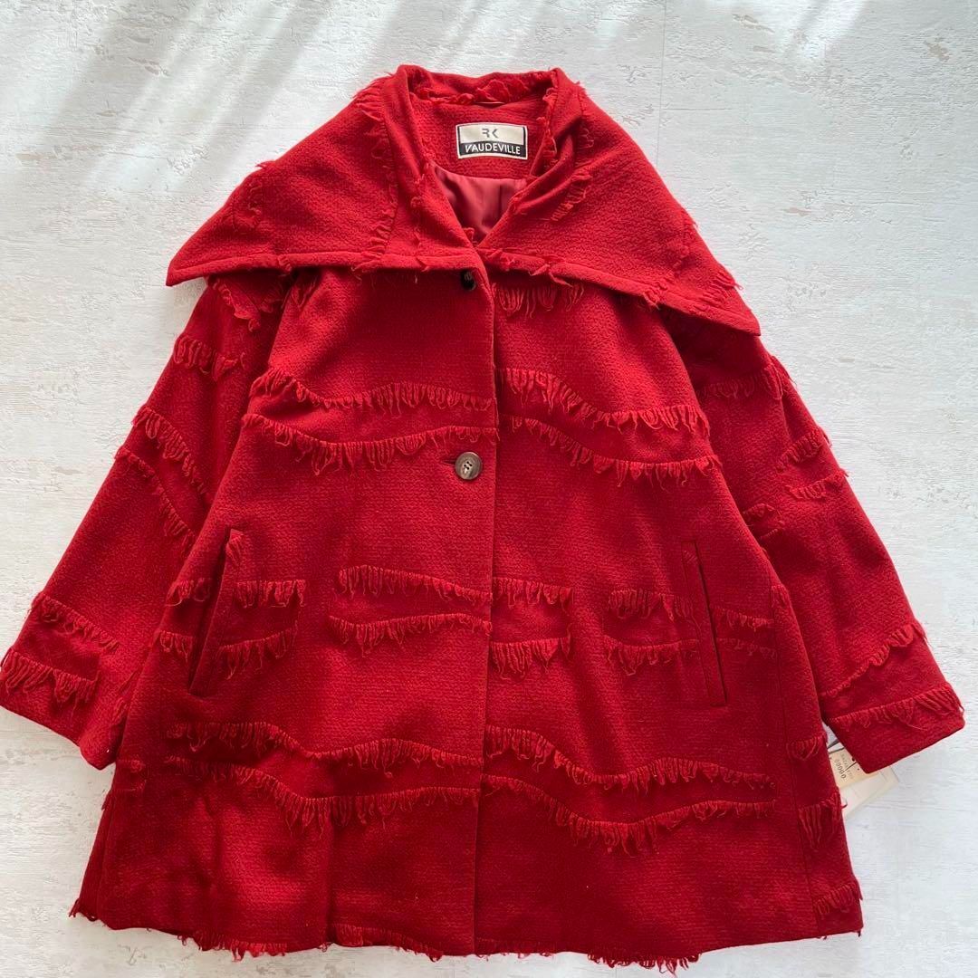 昭和レトロ大きめ襟ウールオーバーコートはフリンジ付きレッドフリーサイズ