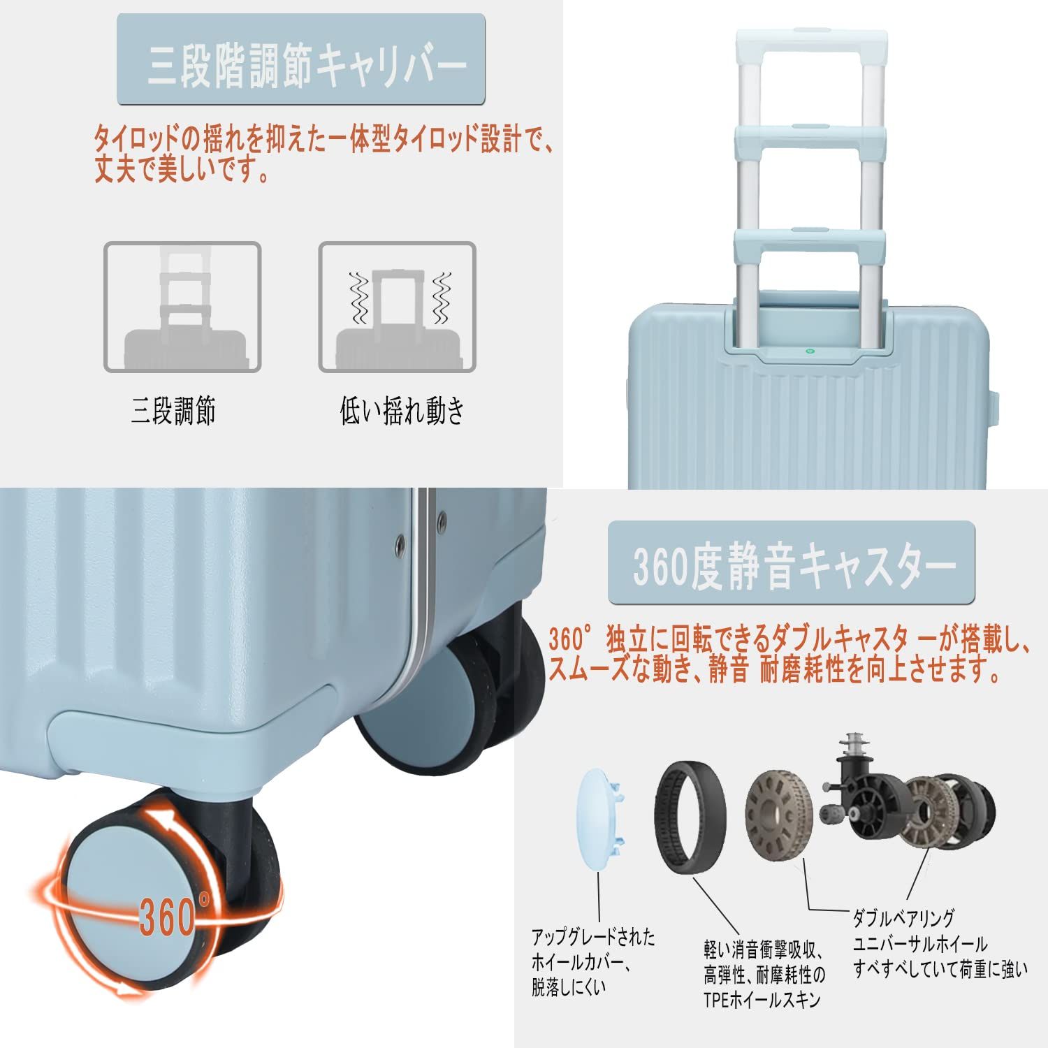 静音 耐衝撃 360度回転 超軽量 キャリーバッグ フロントオープンパソコンケース 大容量 ピュアPC材質 TSAロック搭載 アルミフレームキャリーケース Mサイズ 4～7泊 65 L 託送必要 機内持ち込み スーツケース ブルー Ashard