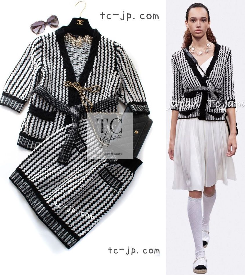 シャネル カーディガン セットアップ CHANEL ブラック 黒 オフ ホワイト やわらか ストレッチ コットン ニット スカート 超 36 38 カールラガーフェルド