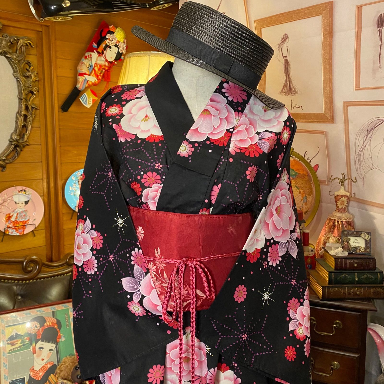 浴衣 ハンドメイド リメイク ワンピース ドレス 帯サッシュベルト 古着