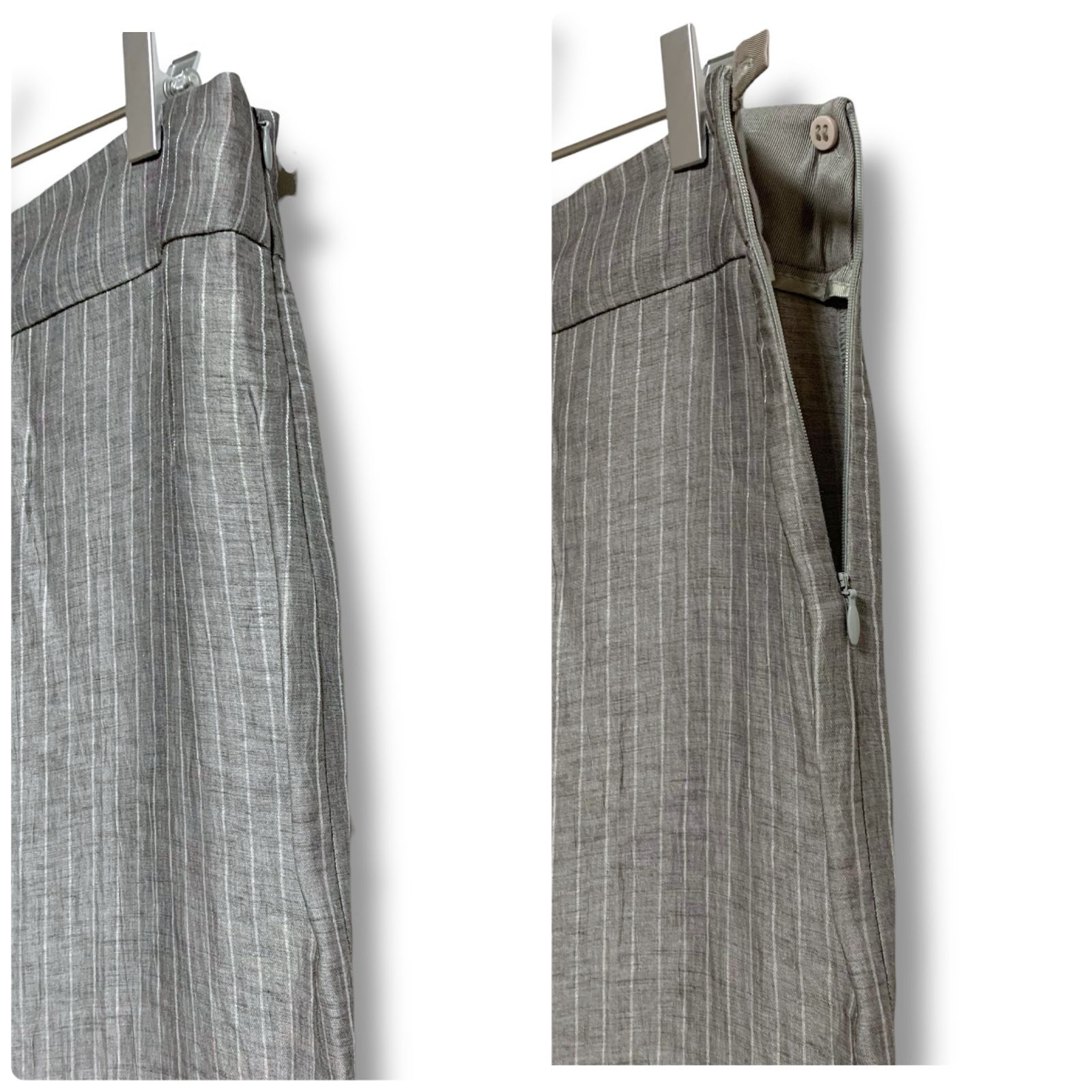 ARMANI COLLEZIONI アルマーニコレツィオーニ グレー ストライプ ワイドパンツ リネン混 イタリア製 44 Lサイズ相当 麻混素材 レディース エレガント きれいめ 上品 夏物 涼しい おしゃれ 大人 001142H DECORATOM_COM_BR