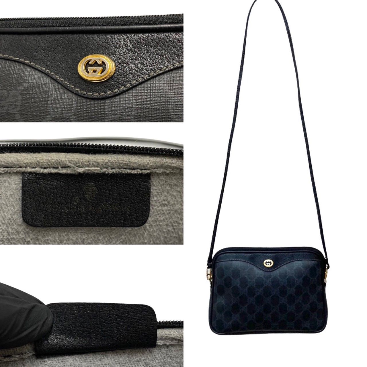 極 美品 GUCCI グッチ オールドグッチ ヴィンテージ GG ロゴ 柄 レザー 本革 ミニ ショルダーバッグ ポシェット サコッシュ ブラック  23565