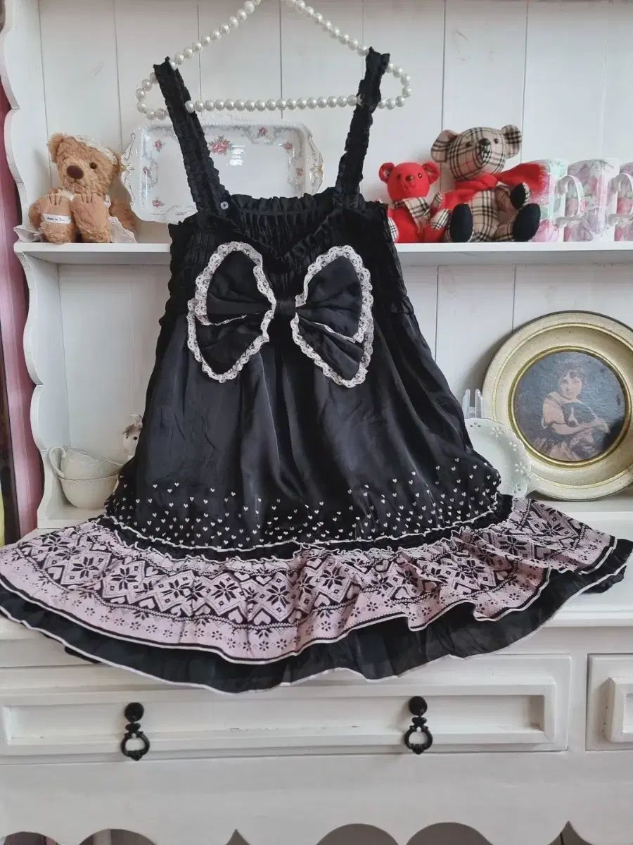 Tralala トラララ ブラックピンク リボン フローラル ワンピース