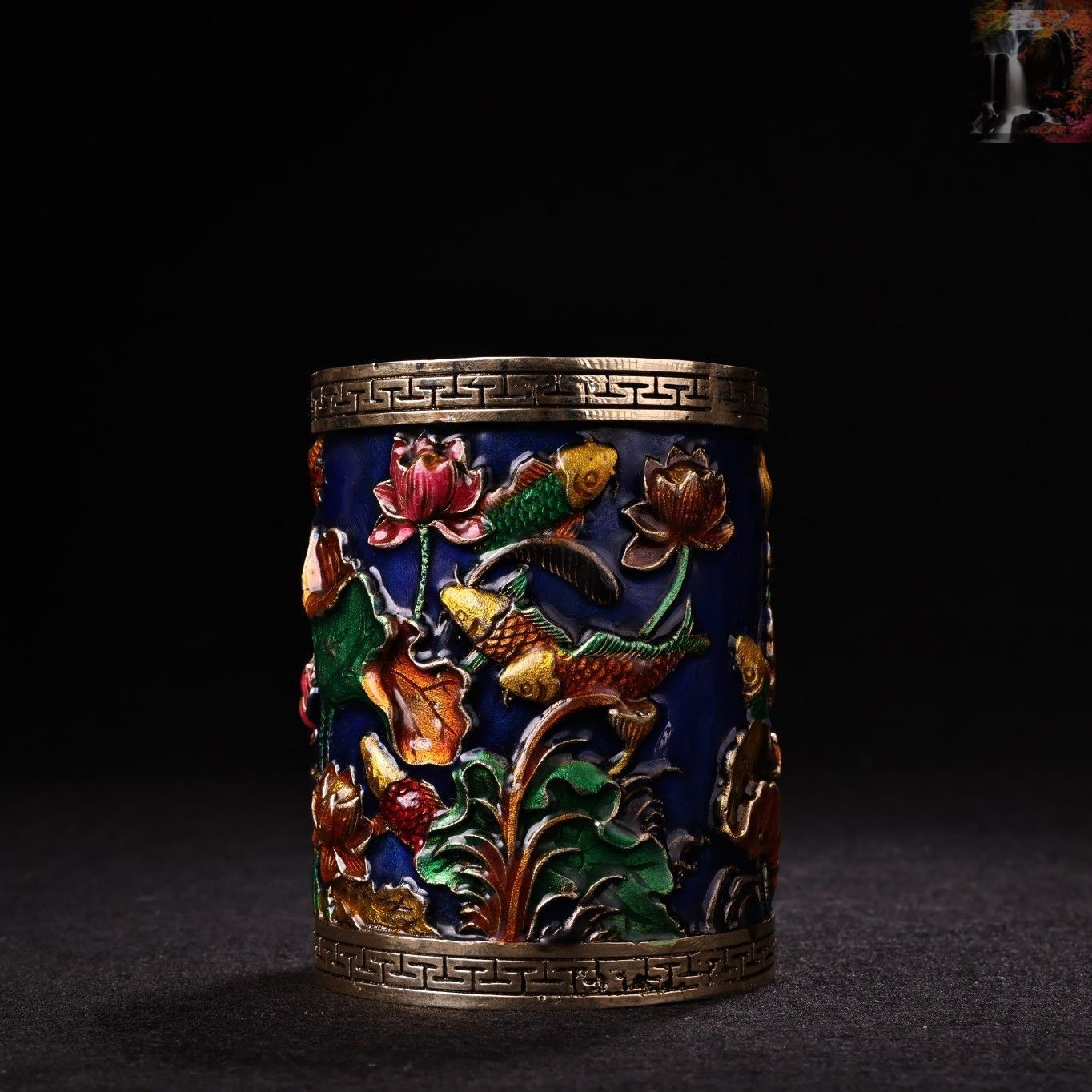 アート用品 旧家蔵出し 銅胎景泰藍 琺瑯彩 七寶燒 花卉紋 筆筒 筆